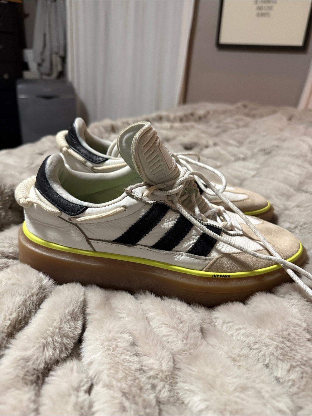 adidas Ivy Park Cream and Black Platform Sneakers with Neon Yellow Trim